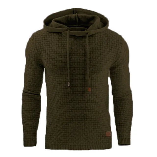 Rutig hoodie i stickat material med huva och dragsko