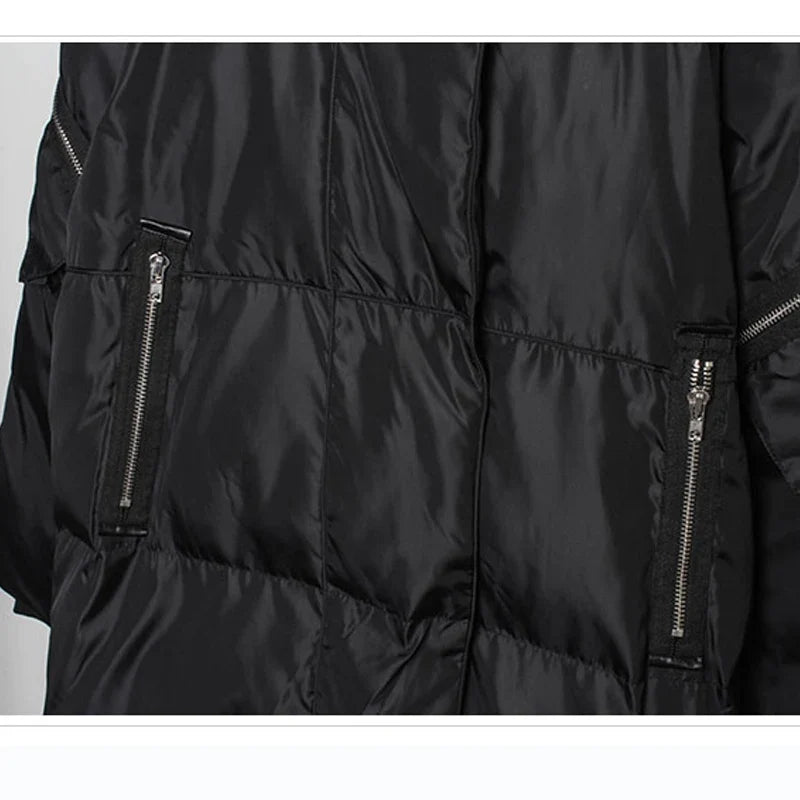 Svart Lång Vinterjacka med Huva och Dragkedjor