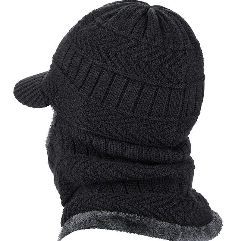 Stickad Mössa och Halsvärmare Set med Skärm, Fodrad