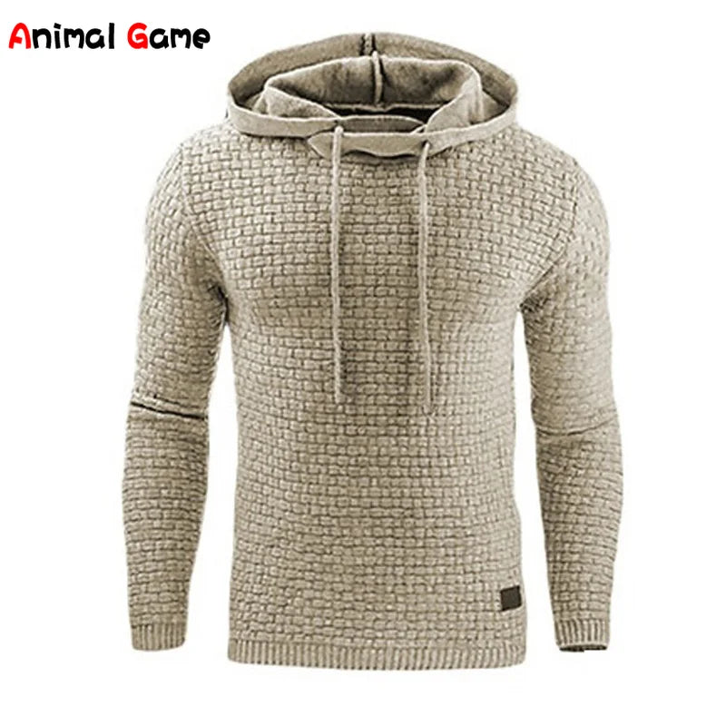 Rutig hoodie i stickat material med huva och dragsko