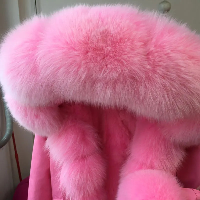 Vinterparkas med rosa fuskpälsfoder och luva, dam
