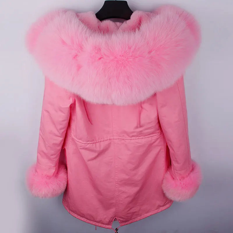 Vinterparkas med rosa fuskpälsfoder och luva, dam