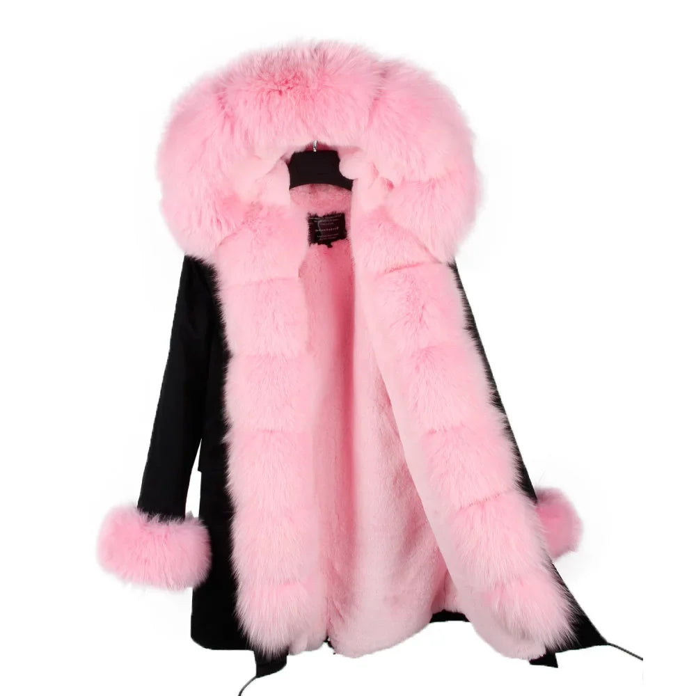 Vinterparkas med rosa fuskpälsfoder och luva, dam