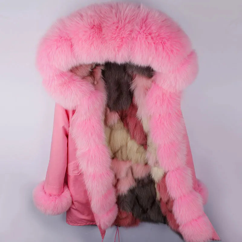 Vinterparkas med rosa fuskpälsfoder och luva, dam
