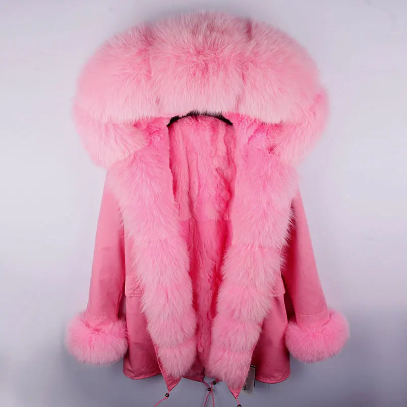 Vinterparkas med rosa fuskpälsfoder och luva, dam