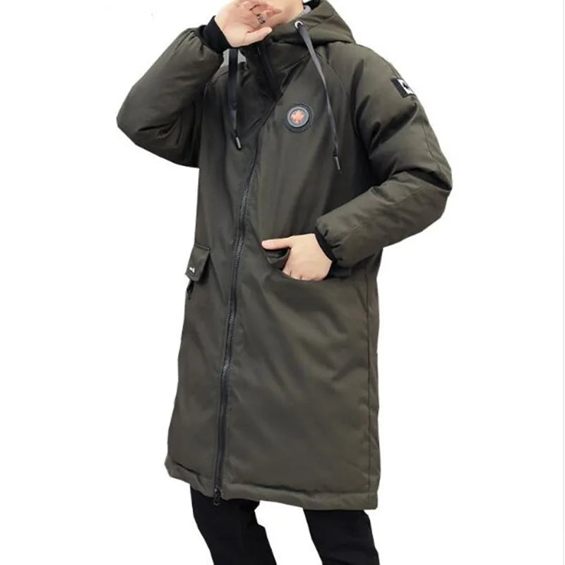 Herr Lång Dunjacka Vinter Varm Parkas med Huva Fickor