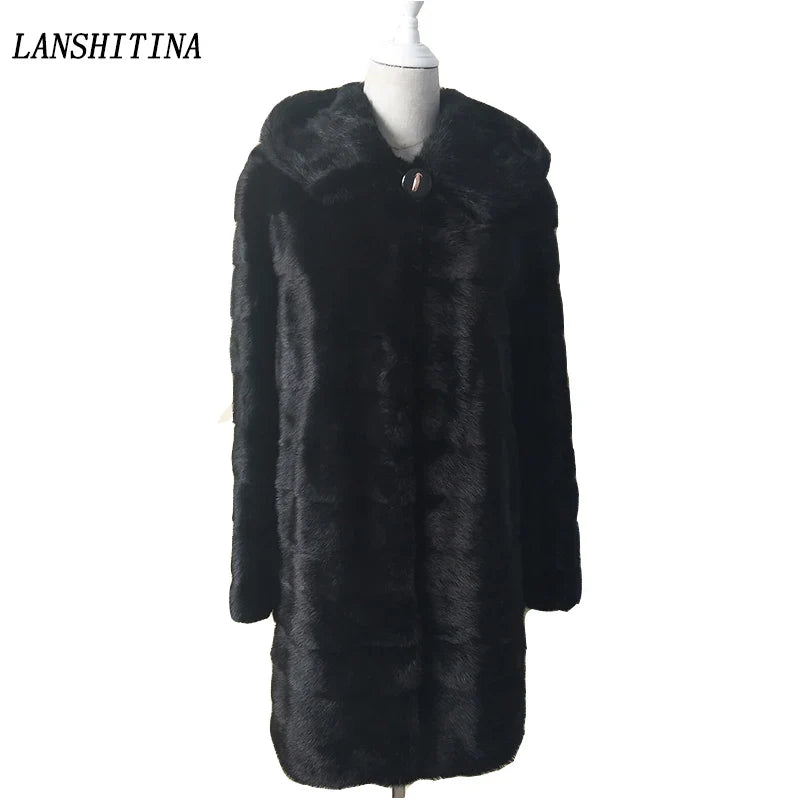 Svart damkappa med huva och pälsimitation
