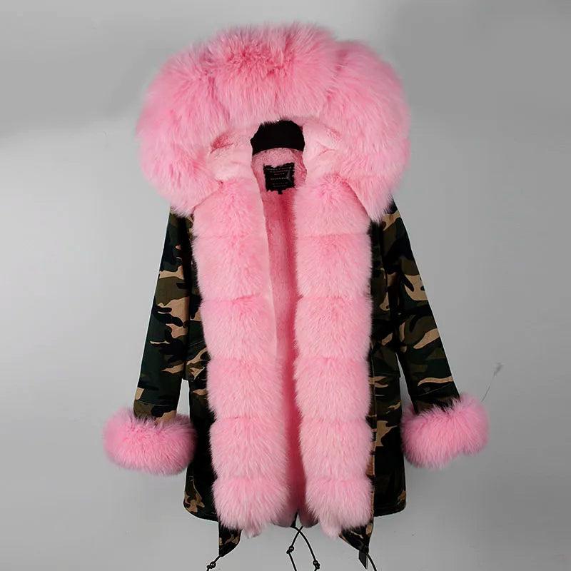 Vinterparkas med rosa fuskpälsfoder och luva, dam