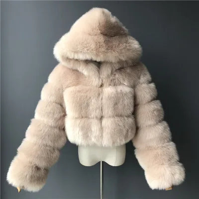 Kort pälsjacka med huva, mjukt material, flera färger
