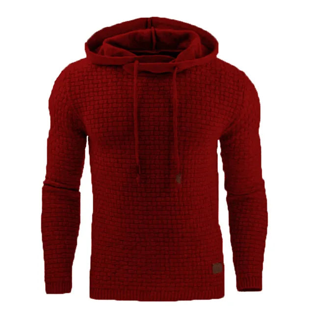 Rutig hoodie i stickat material med huva och dragsko