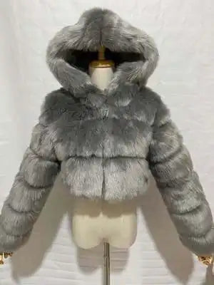 Kort pälsjacka med huva, mjukt material, flera färger