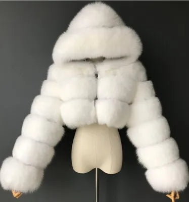Kort pälsjacka med huva, mjukt material, flera färger