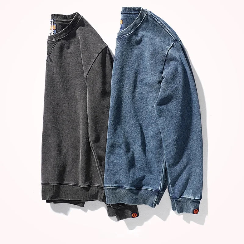 Herr Tröja i Bomullstvättad Stil, Rundhalsad Långärmad Sweatshirt