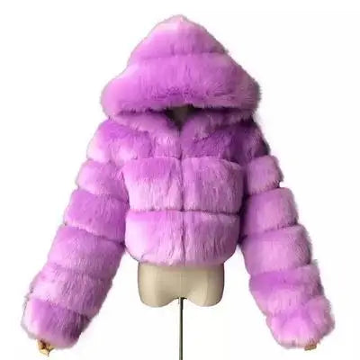 Kort pälsjacka med huva, mjukt material, flera färger