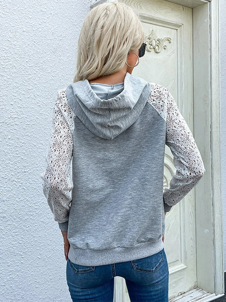 Långärmad Hoodie med Spetsdetaljer Gråvit