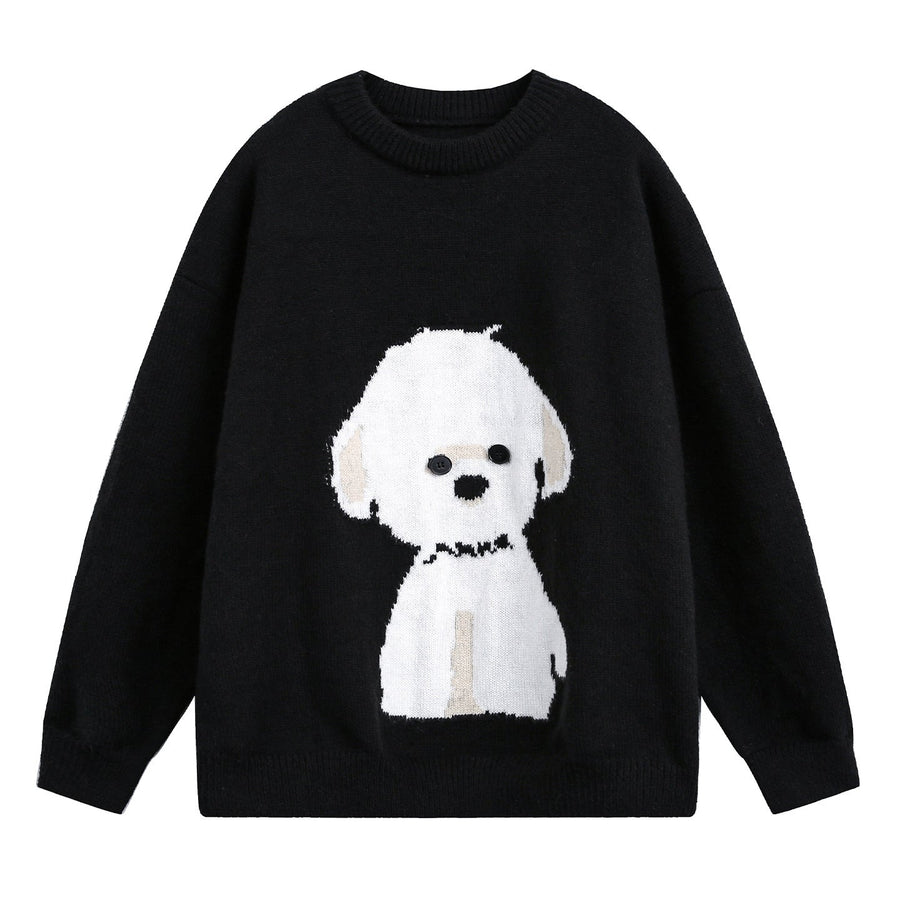 Unisex Tröja med Hundmotiv, Rundhalsad Långärmad stickad tröja