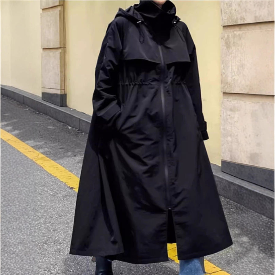 Svart Lång Jacka med Huva och Fickor