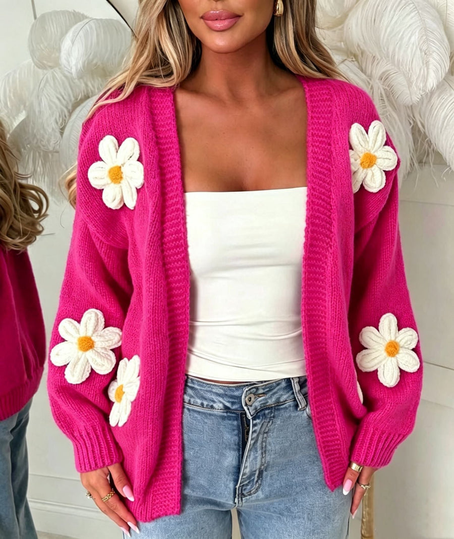 Damkofta med stickade blomdetaljer, öppen front, enfärgad design