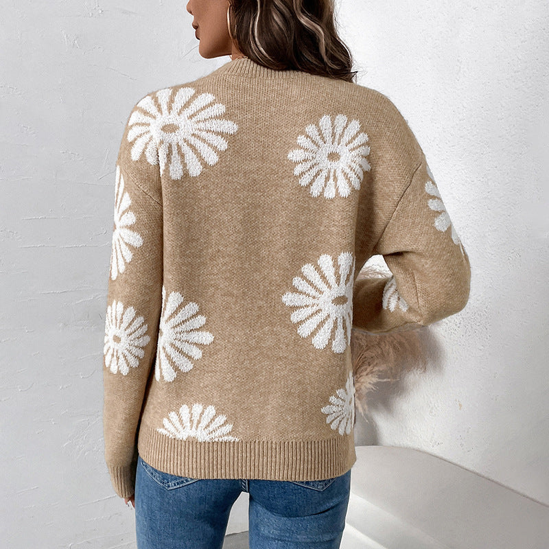 Tröja Dam Beige med Blommönster Rund Hals Lång Ärm Stickad Material