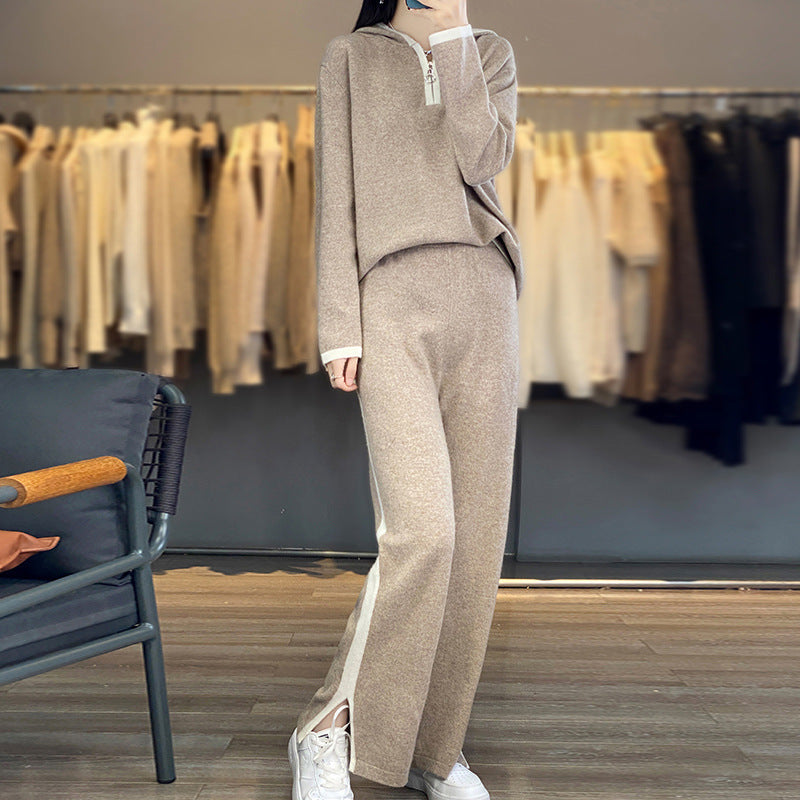 Dam Set Hoodie & Byxa, Dragkedja, Svart med Beige Detaljer