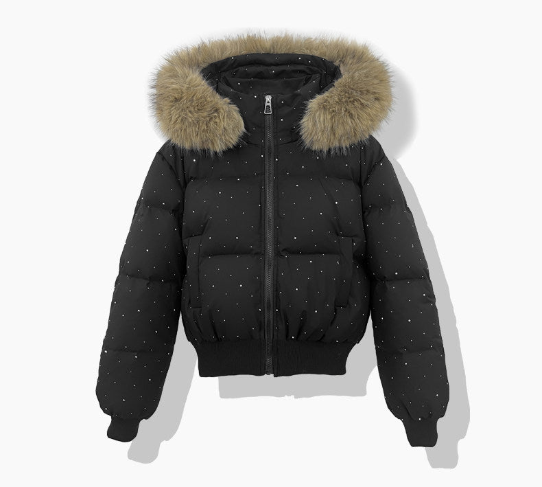 Vinterjacka med huva och fuskpäls, kort puffermodell med prickar