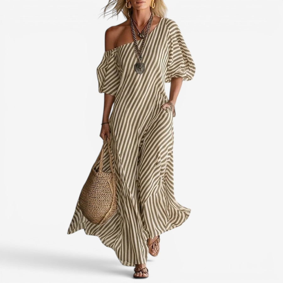 Randig Maxiklänning med Off Shoulder och Puffärm