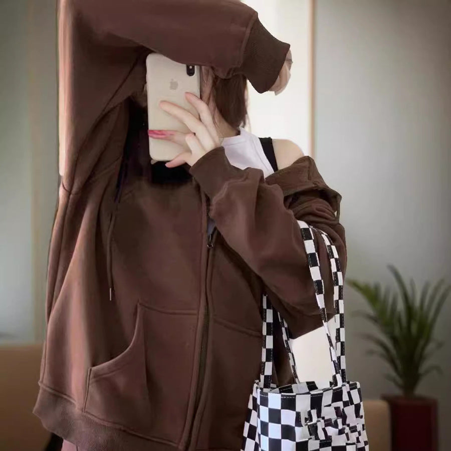 Dragkedjeförsedd Hoodie med Fickor, Avslappnad Passform för Damer
