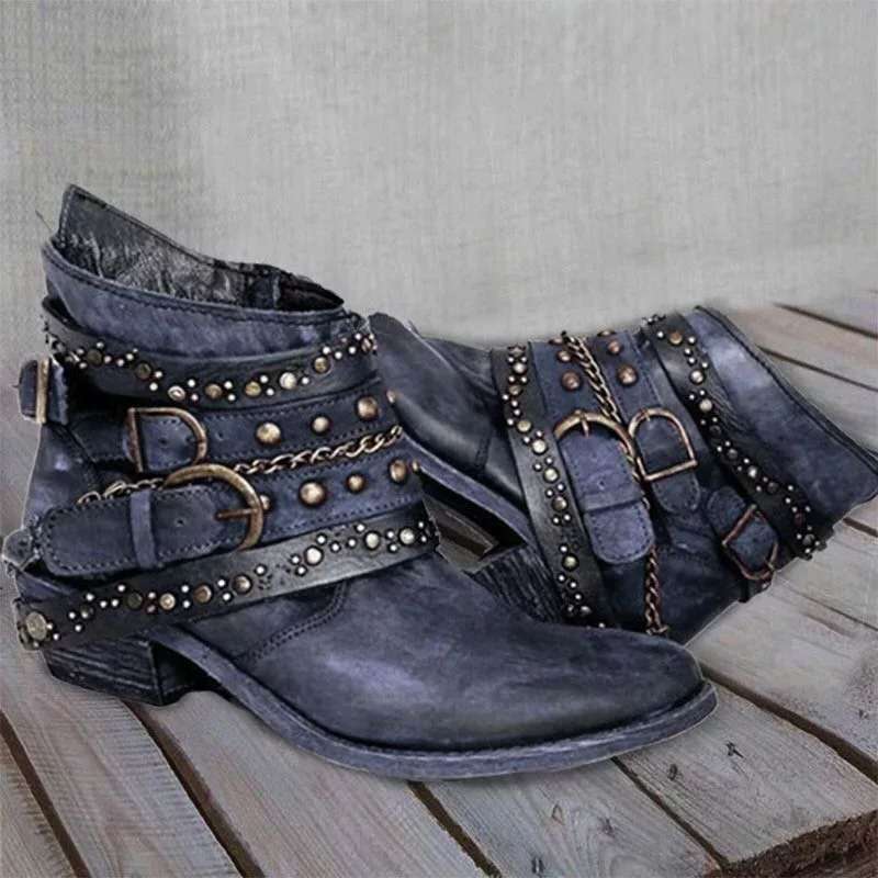Ankelboots med Spännen, Kedjor och Nitar, distressed look