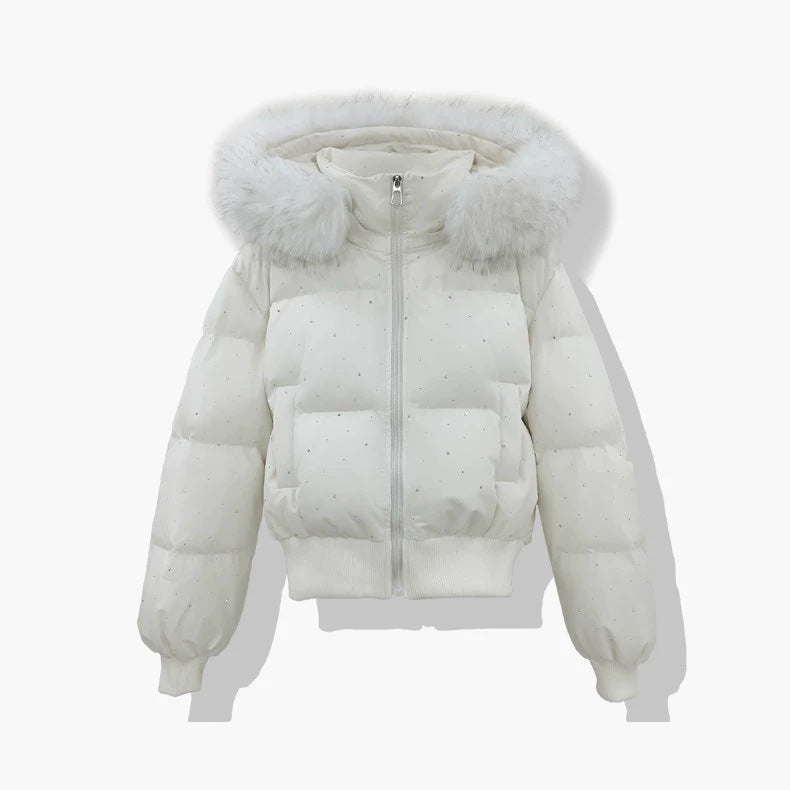 Vinterjacka med huva och fuskpäls, kort puffermodell med prickar