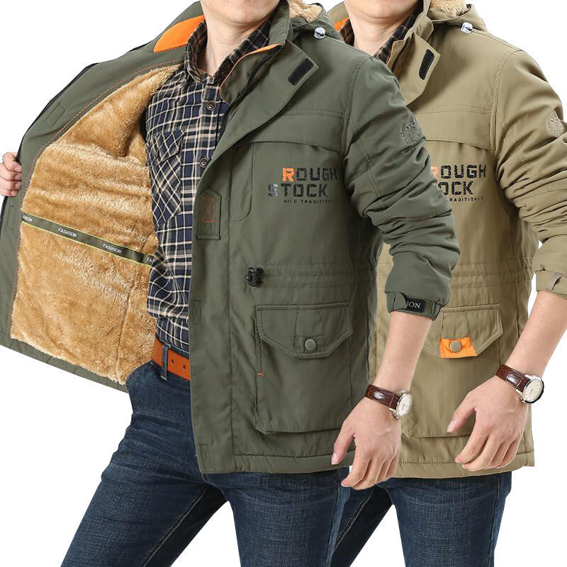 Herr vinterjacka med huva och teddyfoder, fodrad parkas med fickor