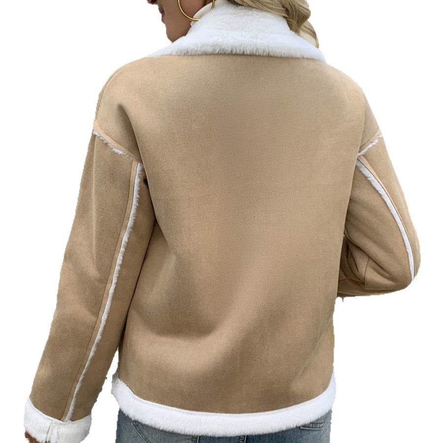 Beige Fårskinnsfodrad Jacka med Vit Fuskpäls