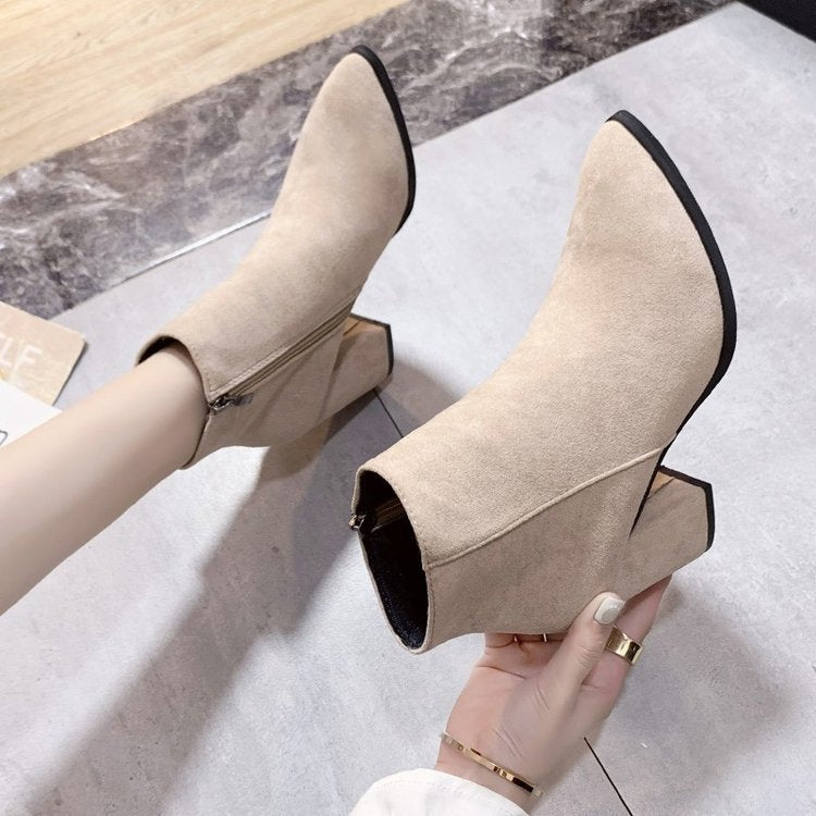 Ankelboots Dam Hög Klack Spetsig Tå Dragkedja Beige
