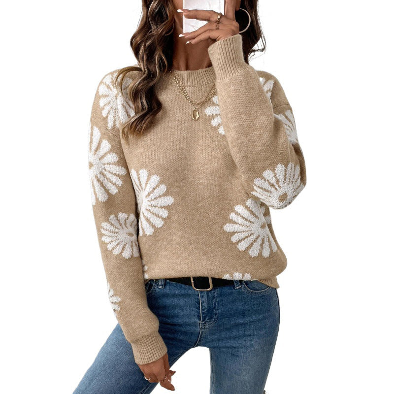 Tröja Dam Beige med Blommönster Rund Hals Lång Ärm Stickad Material