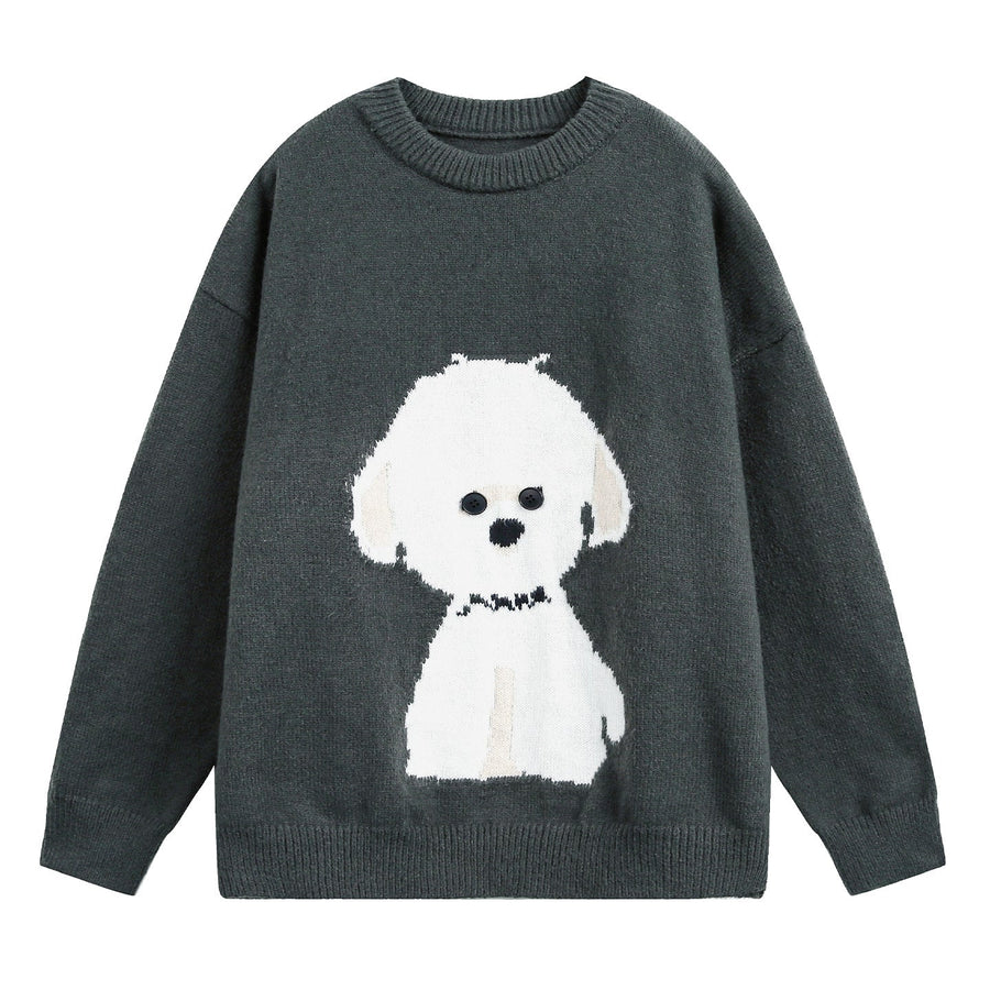 Unisex Tröja med Hundmotiv, Rundhalsad Långärmad stickad tröja