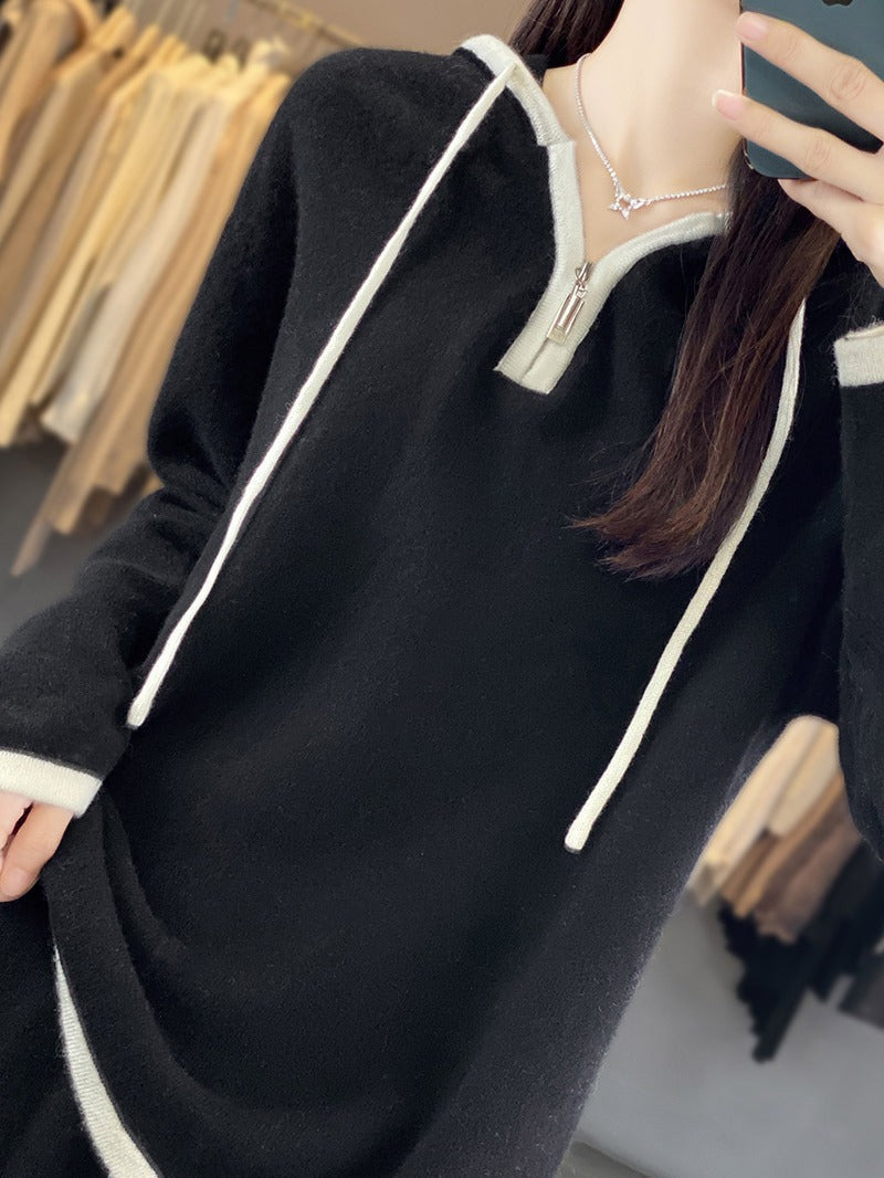 Dam Set Hoodie & Byxa, Dragkedja, Svart med Beige Detaljer