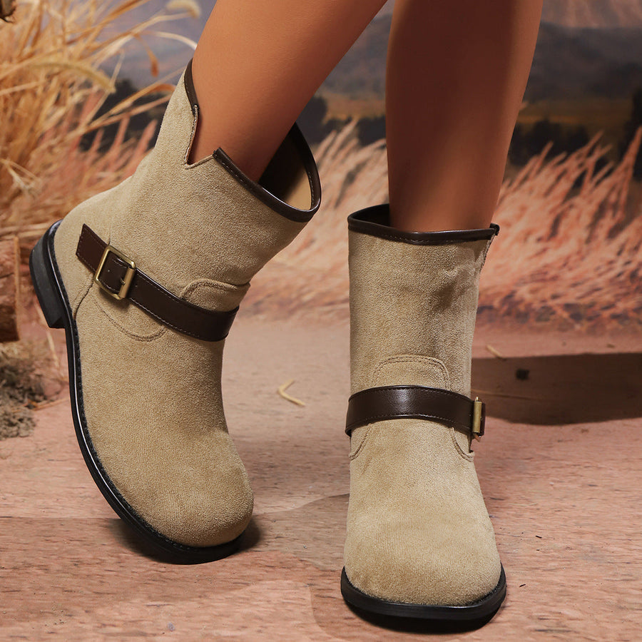 Ankelboots för dam, mockaliknande material med spänne, beige