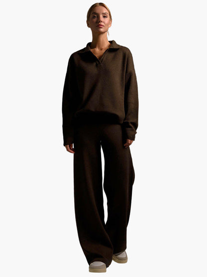 Dam Lounge Set – Avslappnad Oversized Tröja med Krage & Vida Byxor – Perfekt för Hemma eller Casual