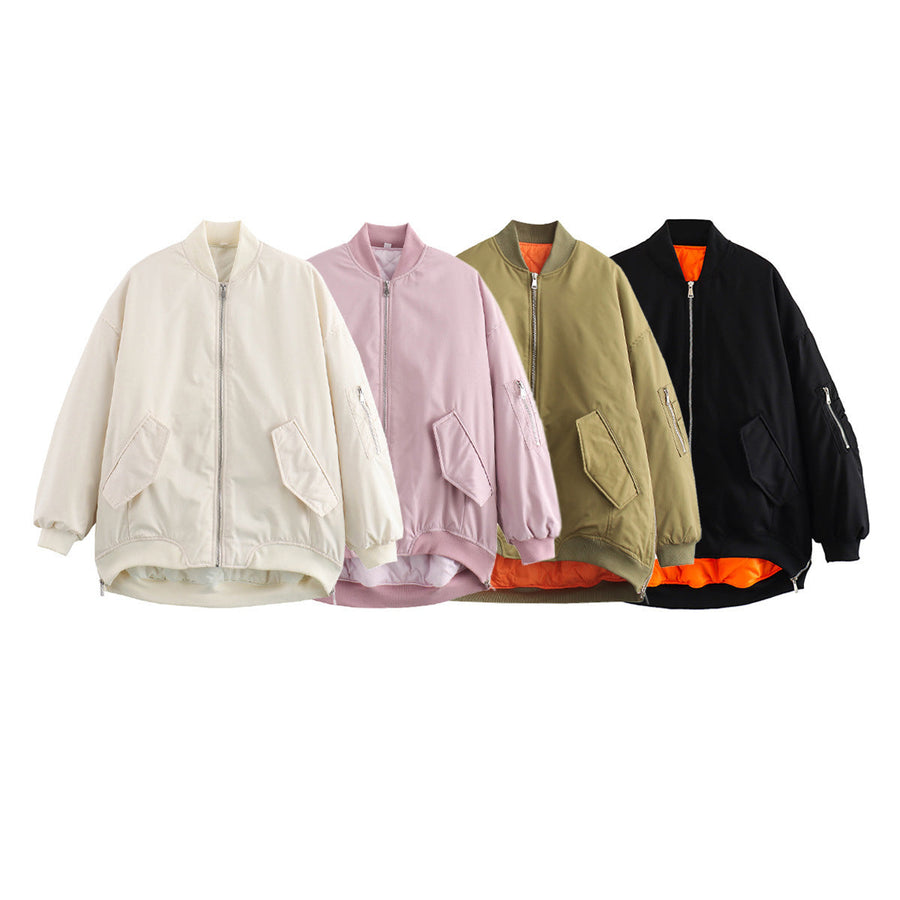 Dambomberjacka med dragkedja, olivgrön/svart, ribbade muddar, vändbar orange insida