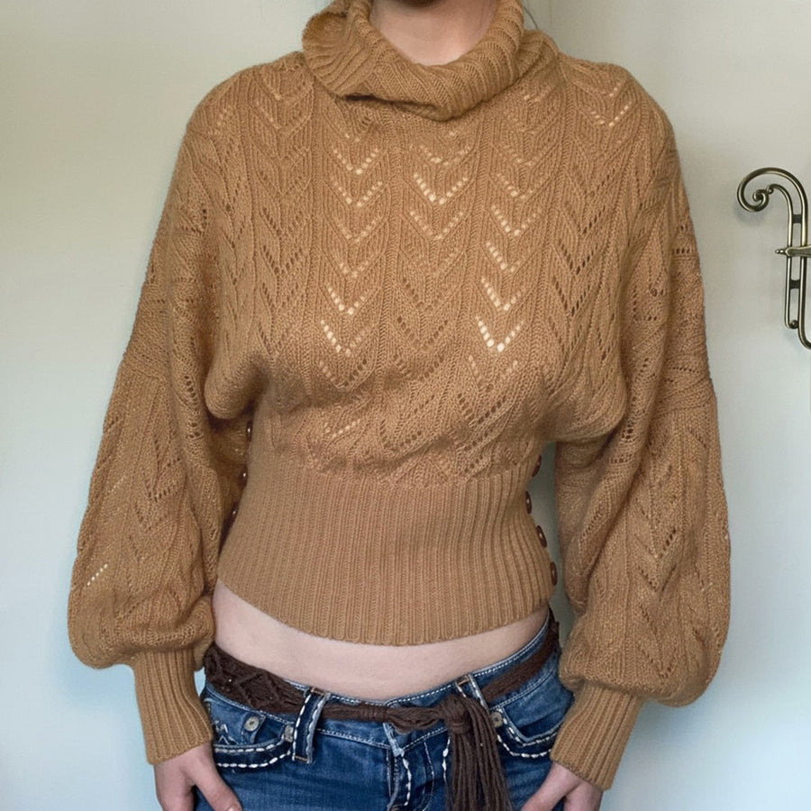 Damtröja Höghalsad Stickad Crop Top Långärmad Khakifärgade