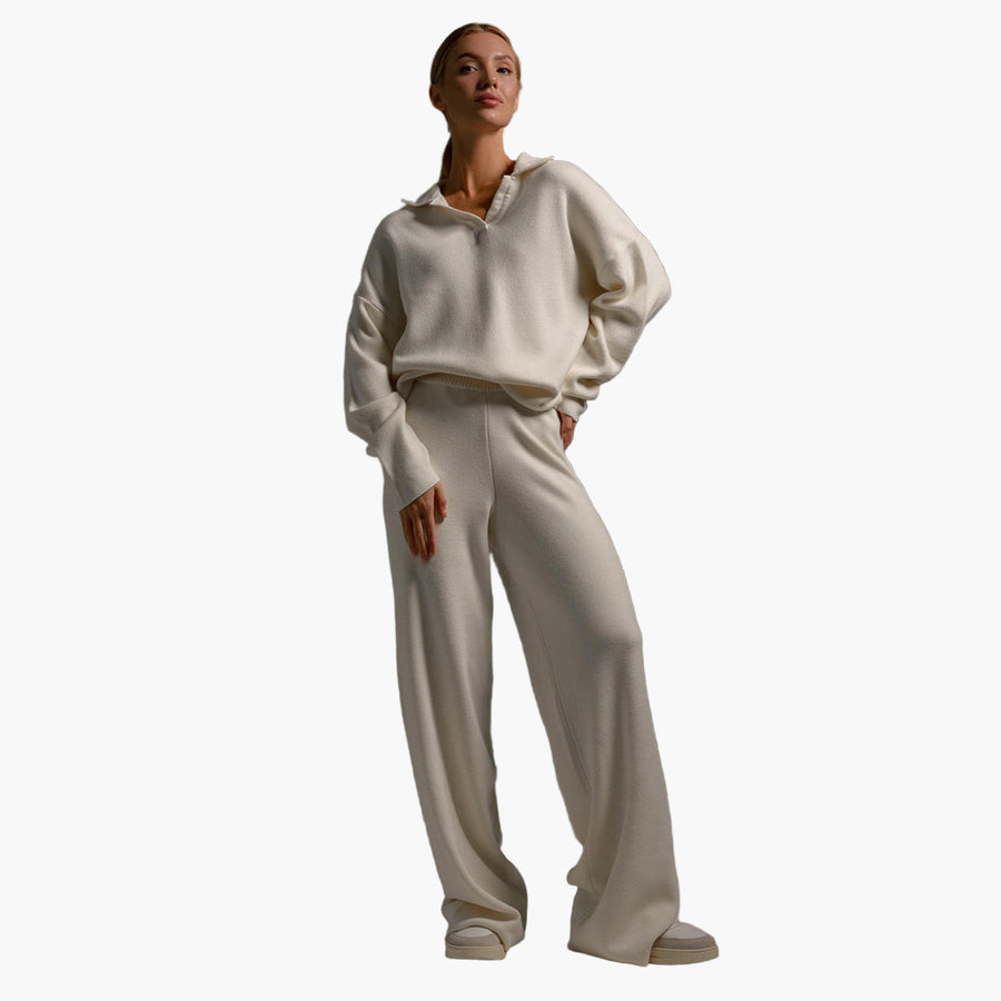 Dam Lounge Set – Avslappnad Oversized Tröja med Krage & Vida Byxor – Perfekt för Hemma eller Casual