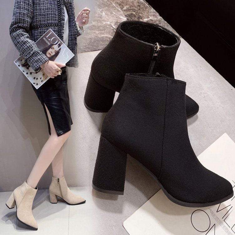 Ankelboots Dam Hög Klack Spetsig Tå Dragkedja Beige
