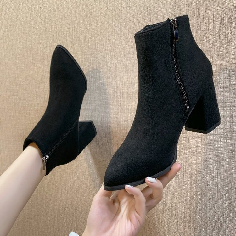 Ankelboots Dam Hög Klack Spetsig Tå Dragkedja Beige