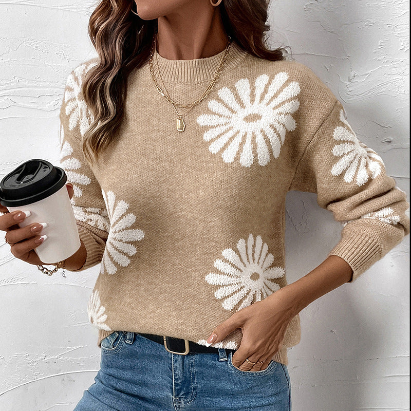 Tröja Dam Beige med Blommönster Rund Hals Lång Ärm Stickad Material