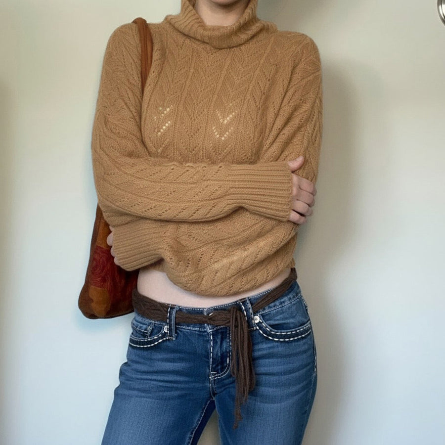 Damtröja Höghalsad Stickad Crop Top Långärmad Khakifärgade