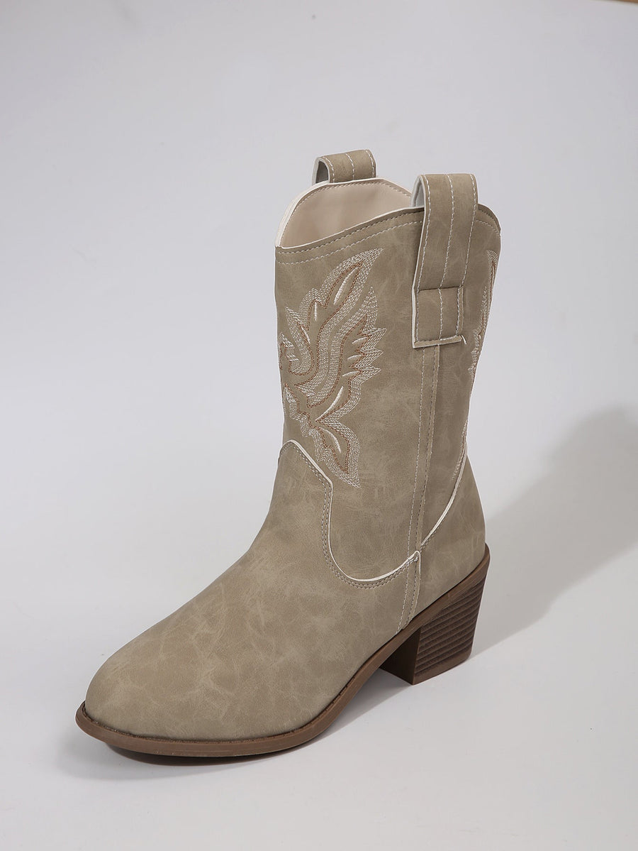 Korta Cowboyboots med Broderi, Flerfärgad Dekoration, Rundad Tå, Mellanhög Klack, Damskor