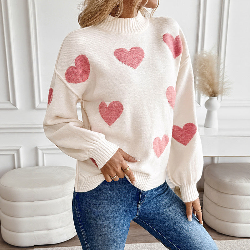 Damtrosa med hjärtmönster, krämvit med rosa hjärtan, lång ärm