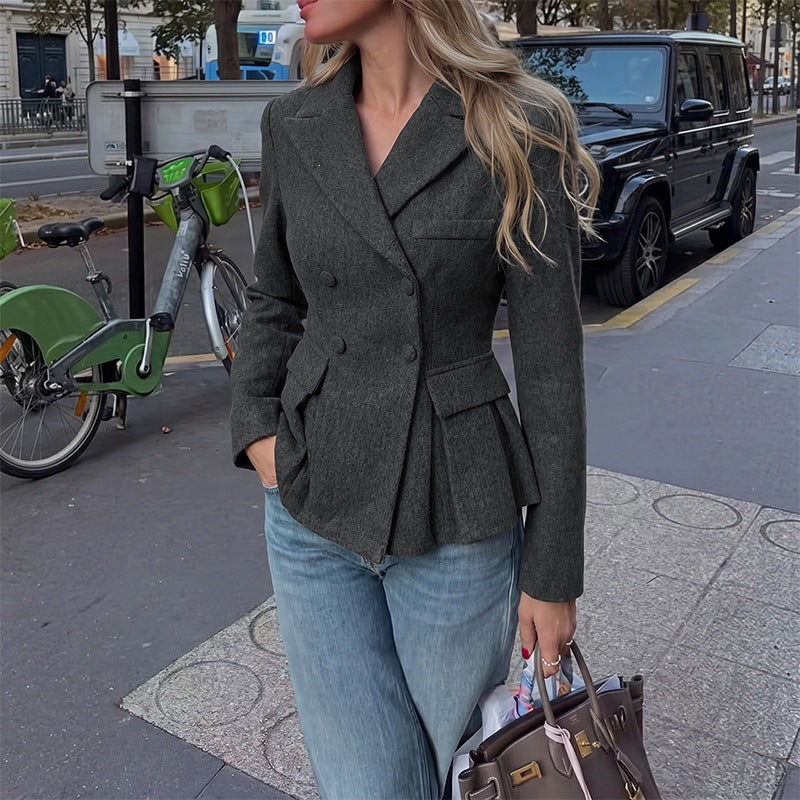 Kort Kavaj Dam Dubbelknäppt Peplum Mörkgrå Långärmad