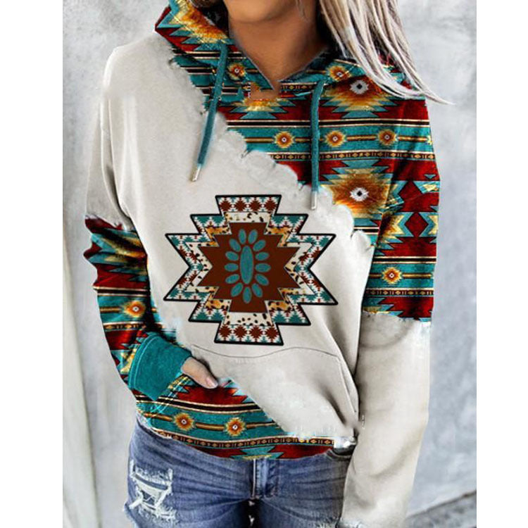 Hoodie med Aztekinspirerat Mönster och Fickor
