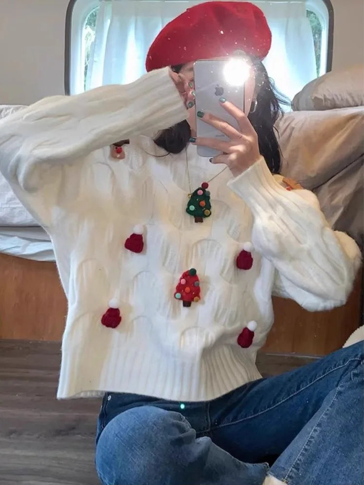 Jultröja med Rund Hals och Flätstickat Mönster, Dekorativ Design med Renar och Granar i Rött