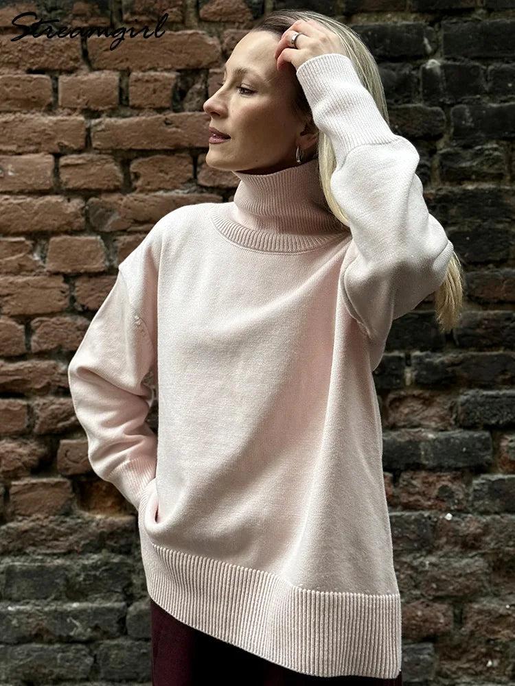 Dam Oversize Polotröja med Lång Ärm och Ribbade Muddar